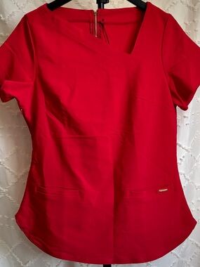 NWT ZNA Uniforms Red Asymmetrical Neck Stretch Scrub Top Women’s Size 10
